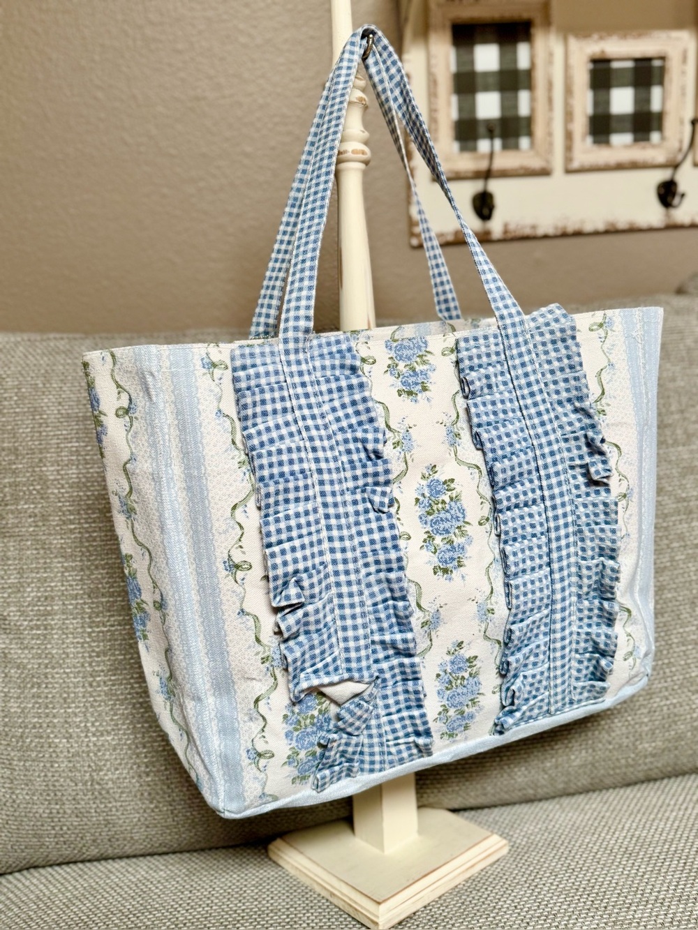 Ruffle 🩵 Floral Canvas Tote Bag Shoulder Bag Ivory Blue Gingham Bookish sealed